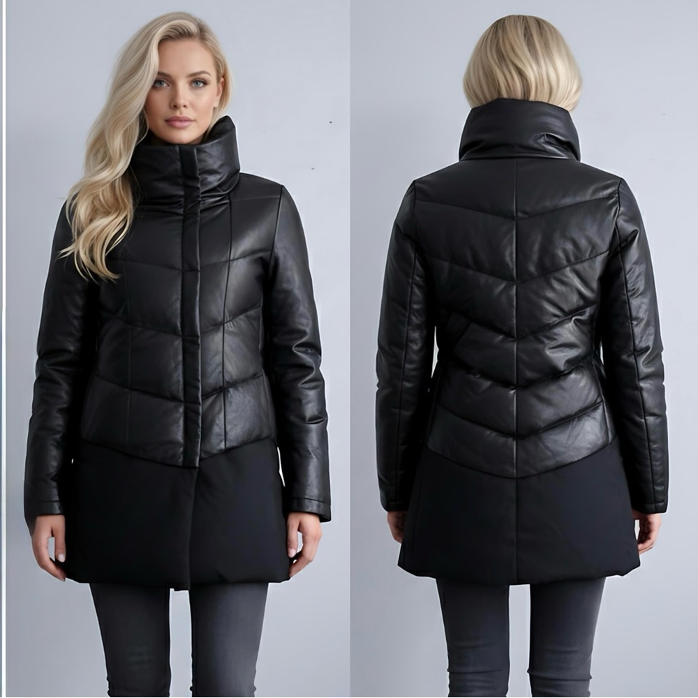 ROBO TREND Black Leather Puffer Down Coat Jacket Canvas Mid Length Italy Solofra